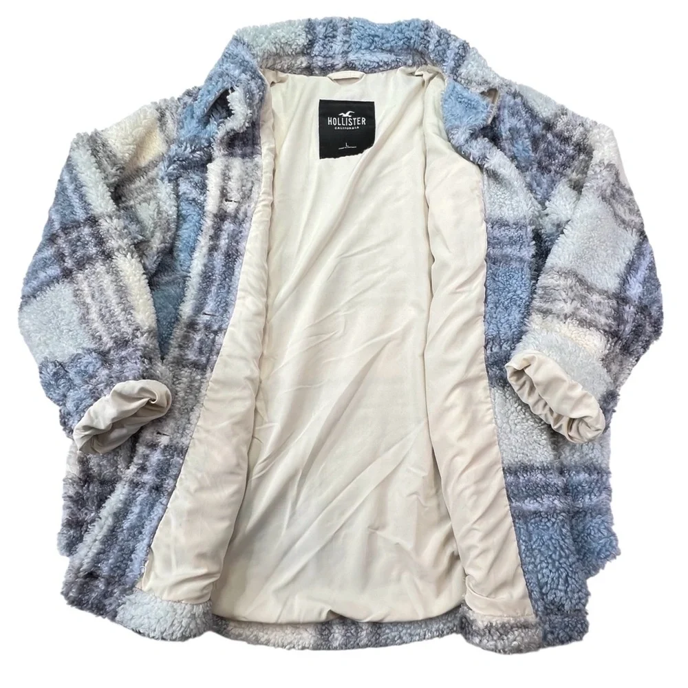 Hollister Blue Plaid Sherpa Shacket Oversized Shirt Jacket Size L Cozy Cabincore